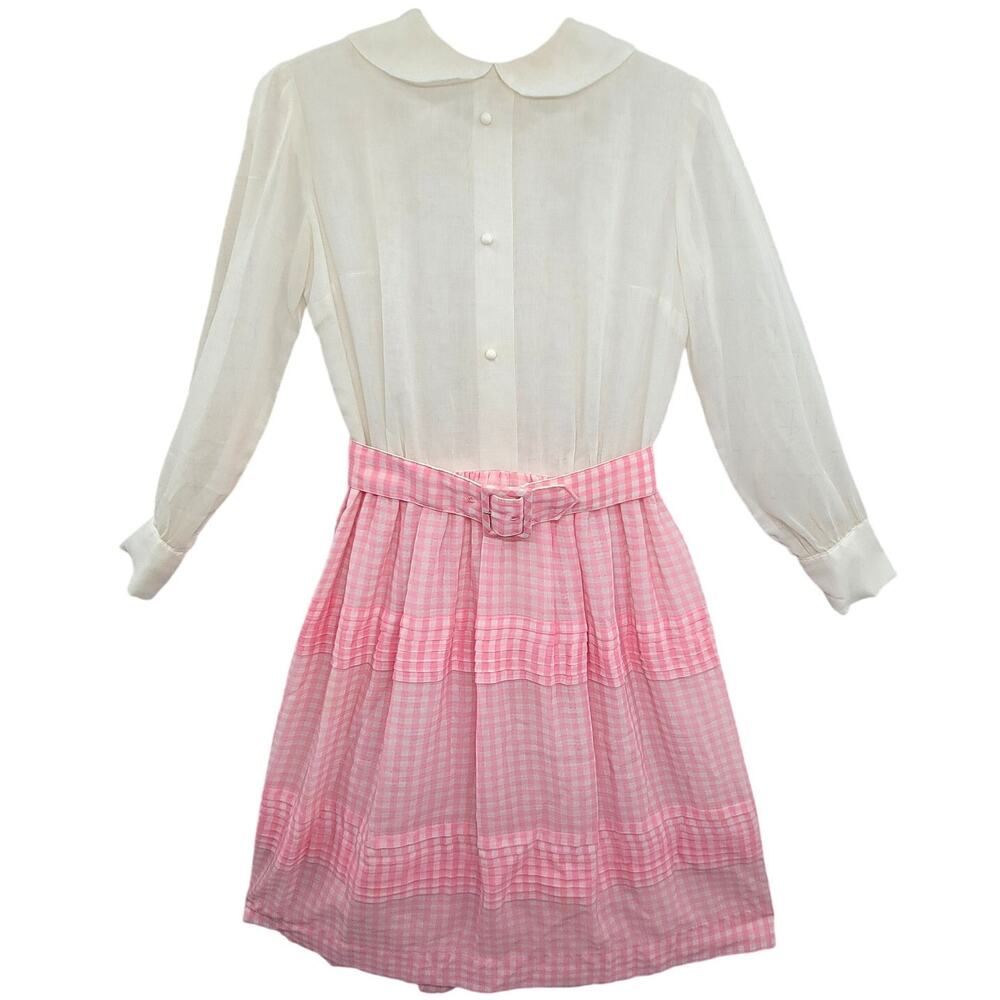 Miss Serbin Vintage Pink White Gingham‎ Ruffle Prairie Belted A-Line Dress